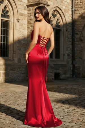 Mermaid Sweetheart Dark Green Satin Long Prom Dresses with Bow - KissProm