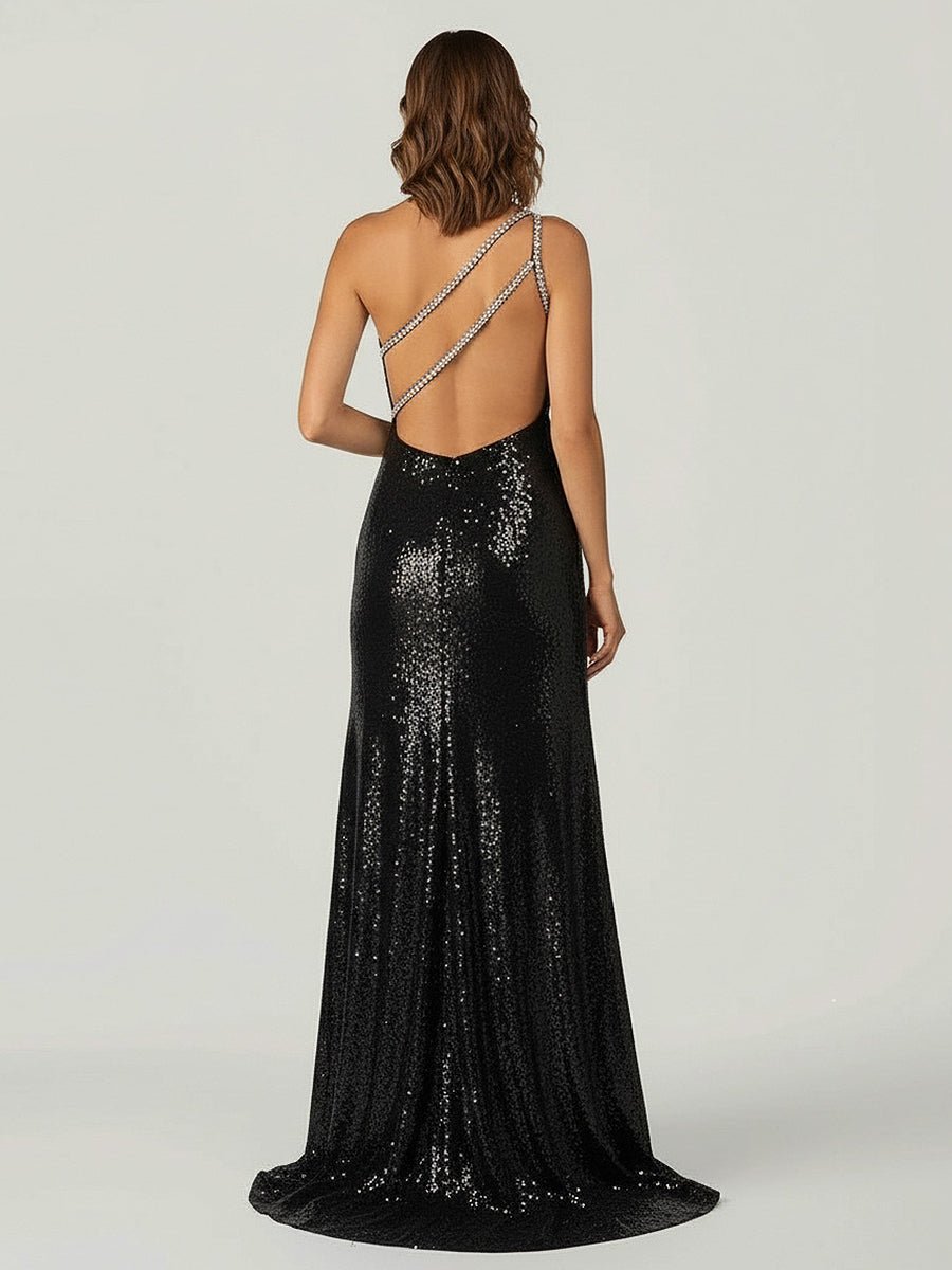 KissProm-Tove Black One Shoulder Sequins Mermaid Prom Dresses with Slit