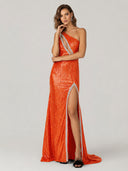Tove | Orange One Shoulder Sequins Mermaid Prom Dresses with Slit - KissProm