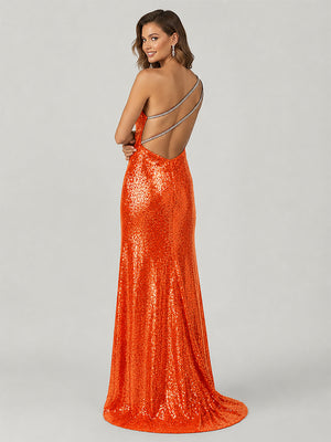 Tove | Orange One Shoulder Sequins Mermaid Prom Dresses with Slit - KissProm