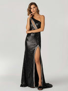 KissProm-Tove Black One Shoulder Sequins Mermaid Prom Dresses with Slit