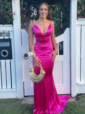 Toyah | Mermaid V Neck Fuchsia Plunge Satin Long Prom Dress - KissProm