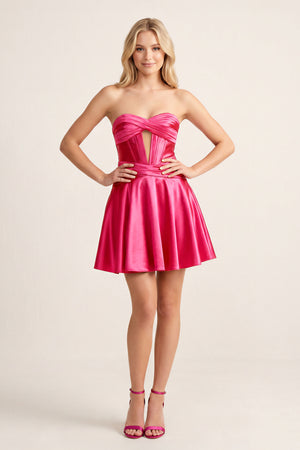 Tricia | A-line Strapless Fuchsia Pleated Homecoming Dress with Keyhole