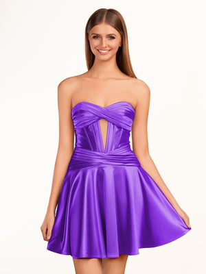 Tricia | A-line Strapless Fuchsia Pleated Homecoming Dress with Keyhole