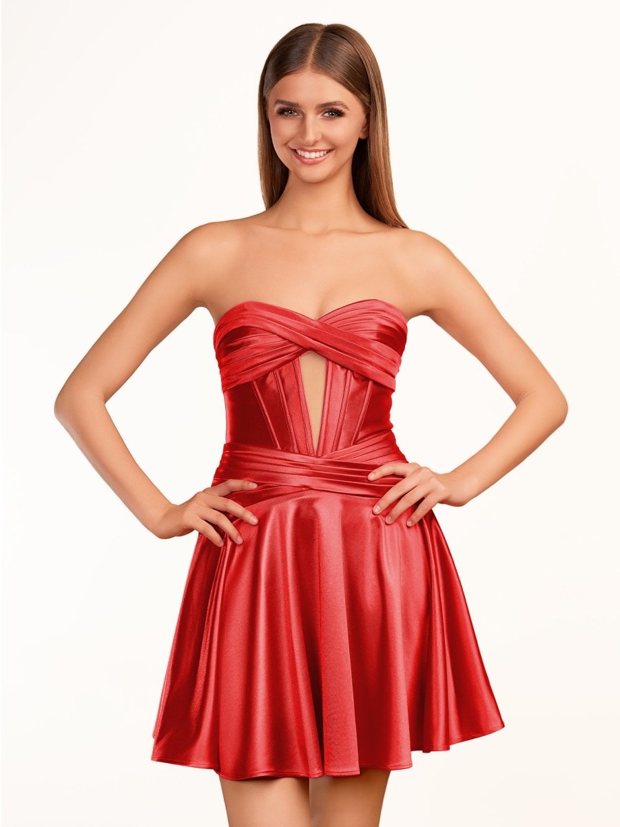 Tricia | A-line Strapless Fuchsia Pleated Homecoming Dress with Keyhole