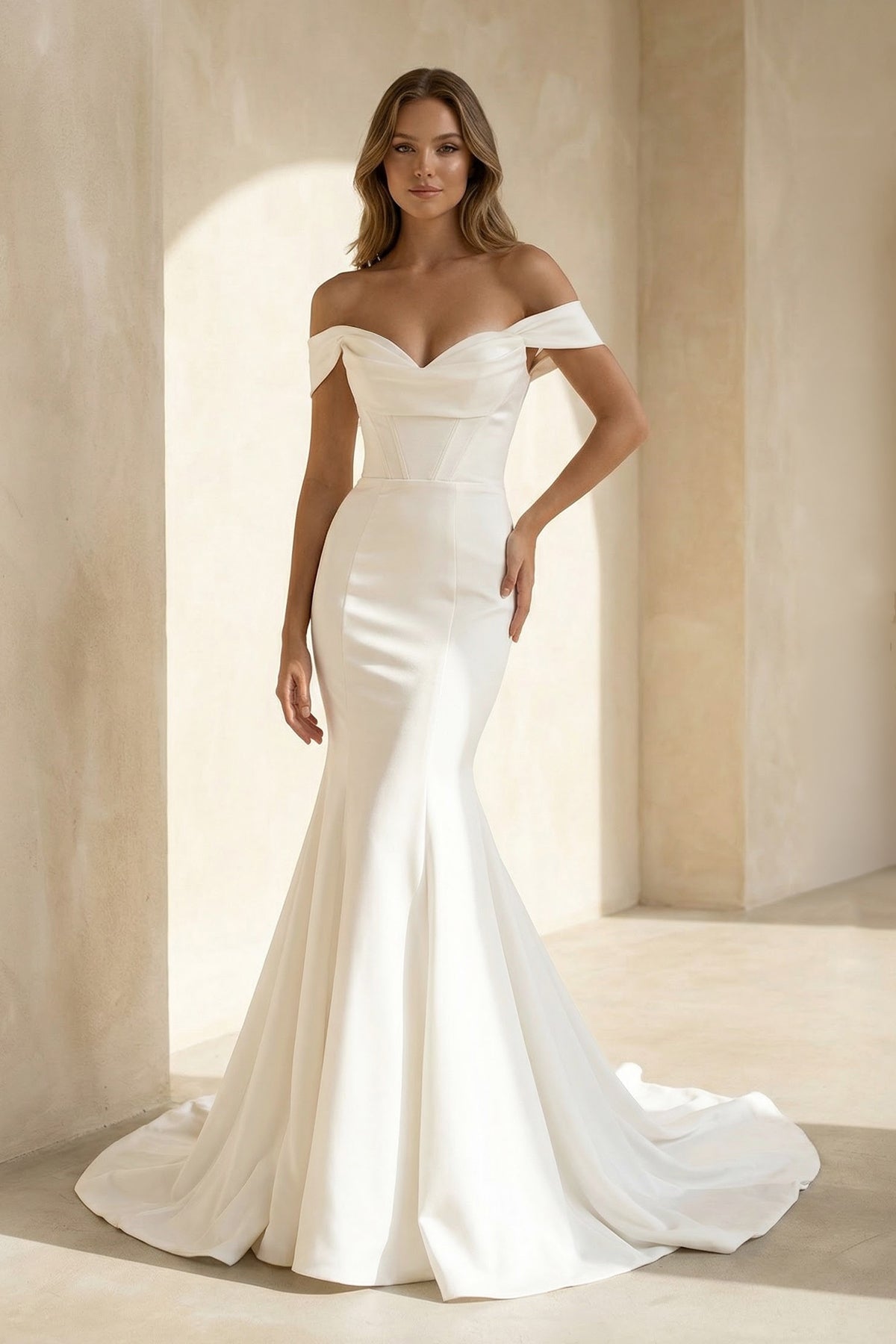 KissProm Trumpet Mermaid Off-the-Shoulder Sweep Train Satin Wedding Dress, Diamond White / 12