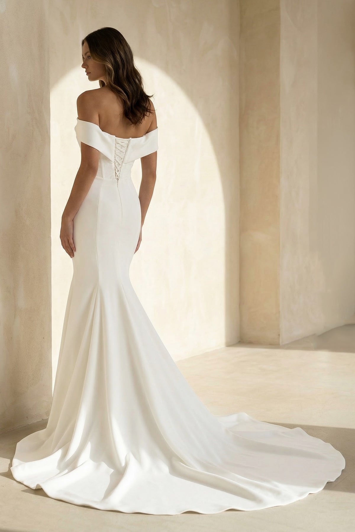 Trumpet Mermaid Off-the-Shoulder Sweep Train Satin Wedding Dress, Diamond White / 12