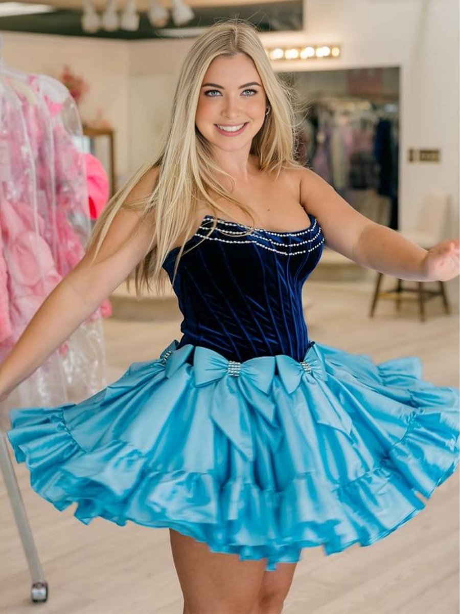 Tuberose | Blue - Strapless A Line Velvet Homecoming Dresses With Bow