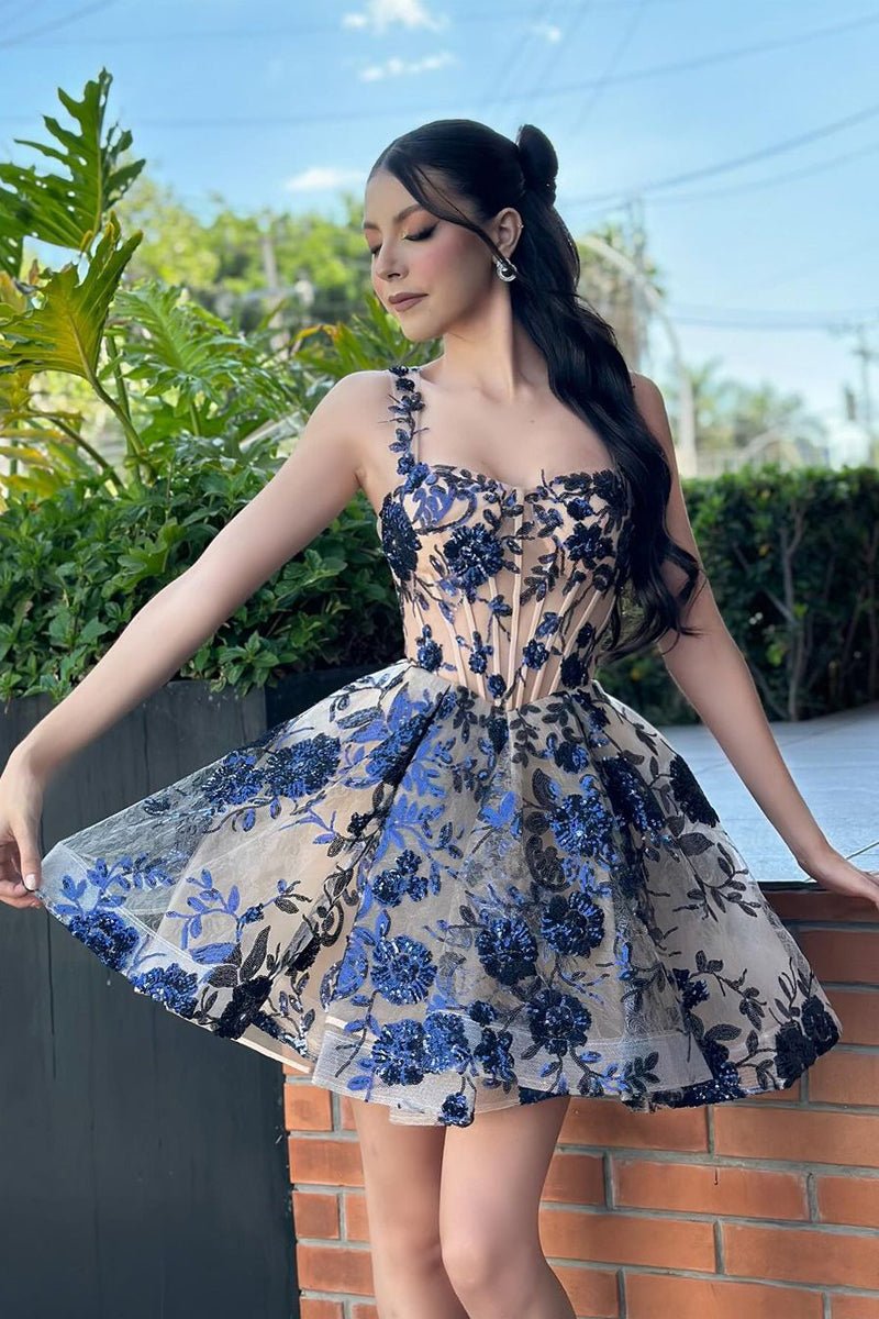 Tuci | Sparkly Fuchsia Spaghetti Straps A-Line Sequins Short Corset Homecoming Dress