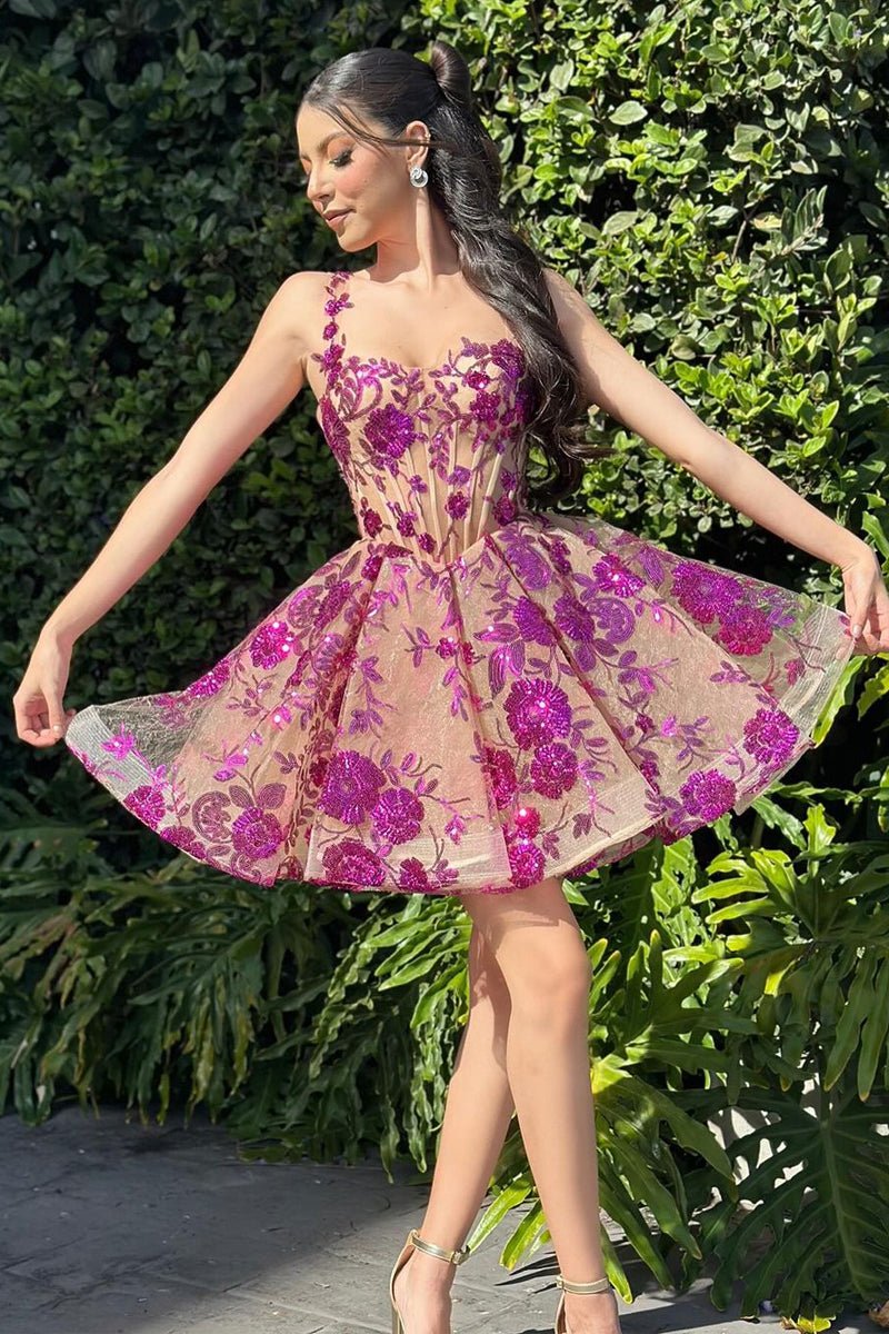 Tuci | Sparkly Fuchsia Spaghetti Straps A-Line Sequins Short Corset Homecoming Dress