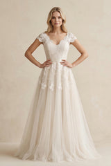 Cap Sleeve V-Neck Lace Tulle Wedding Dress With Zipper Back – Wedding Dresses by KissProm | Available at KissProm