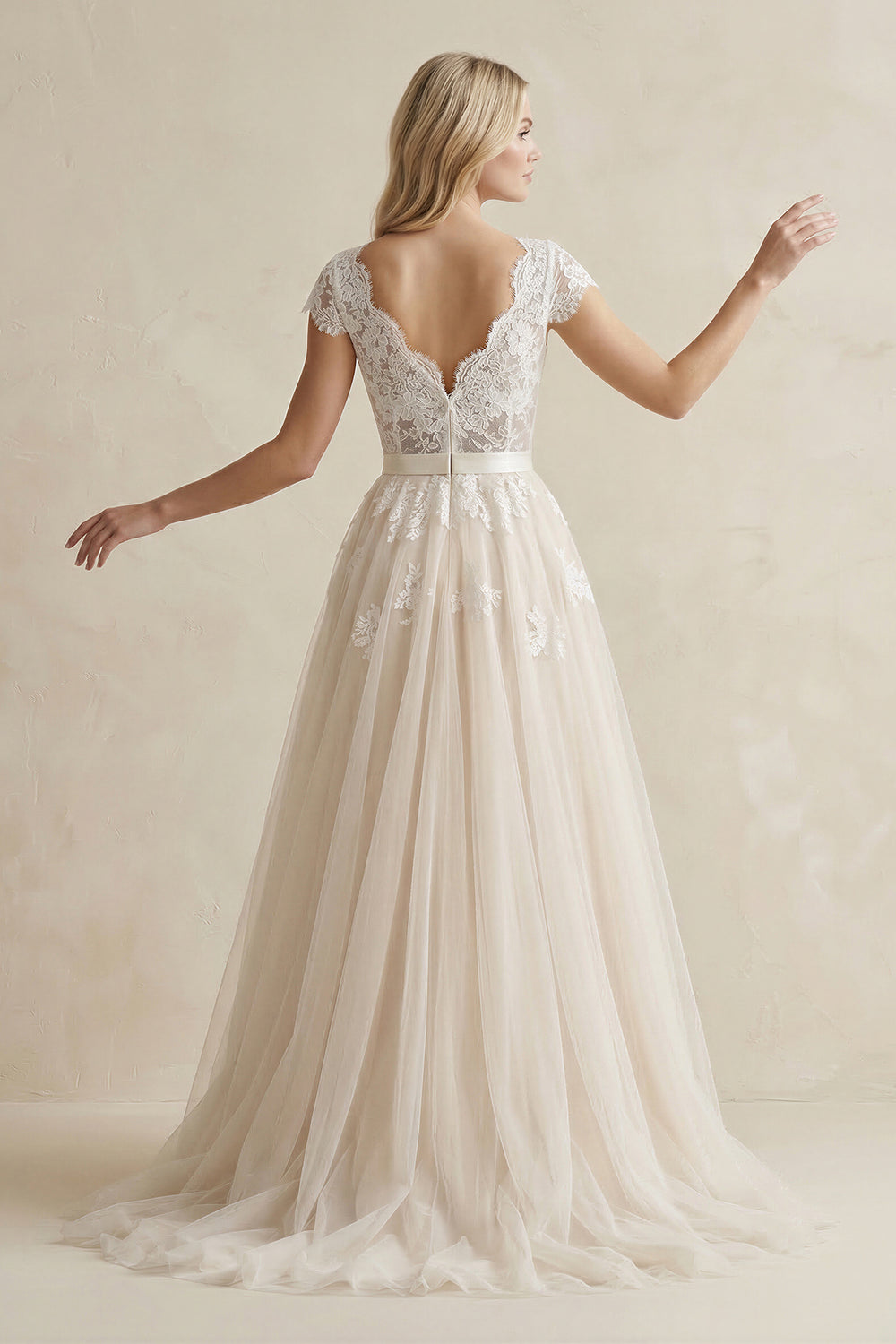 Cap Sleeve V-Neck Lace Tulle Wedding Dress With Zipper Back – Wedding Dresses by KissProm | Available at KissProm
