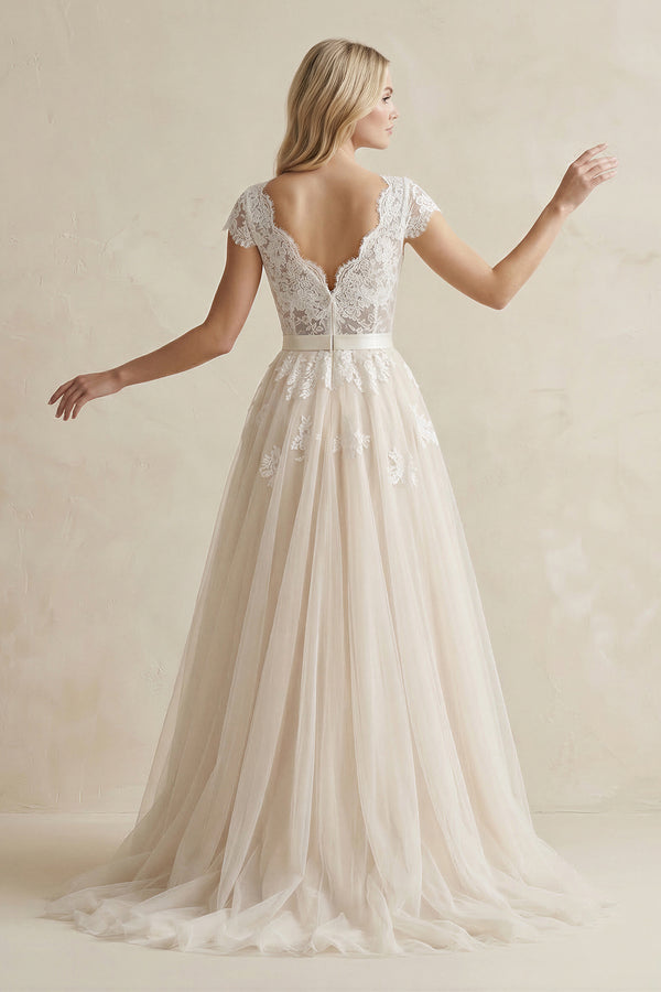 Cap Sleeve V-Neck Lace Tulle Wedding Dress With Zipper Back – Wedding Dresses by KissProm | Available at KissProm