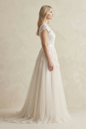 Cap Sleeve V-Neck Lace Tulle Wedding Dress With Zipper Back – Wedding Dresses by KissProm | Available at KissProm