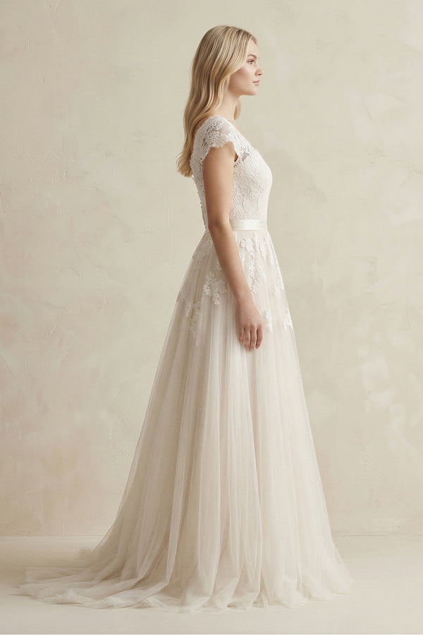 Cap Sleeve V-Neck Lace Tulle Wedding Dress With Zipper Back – Wedding Dresses by KissProm | Available at KissProm
