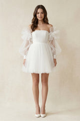 Tulle A - Line Long Sleeves Mini Wedding Dress in Ivory - KissProm Wedding Dresses