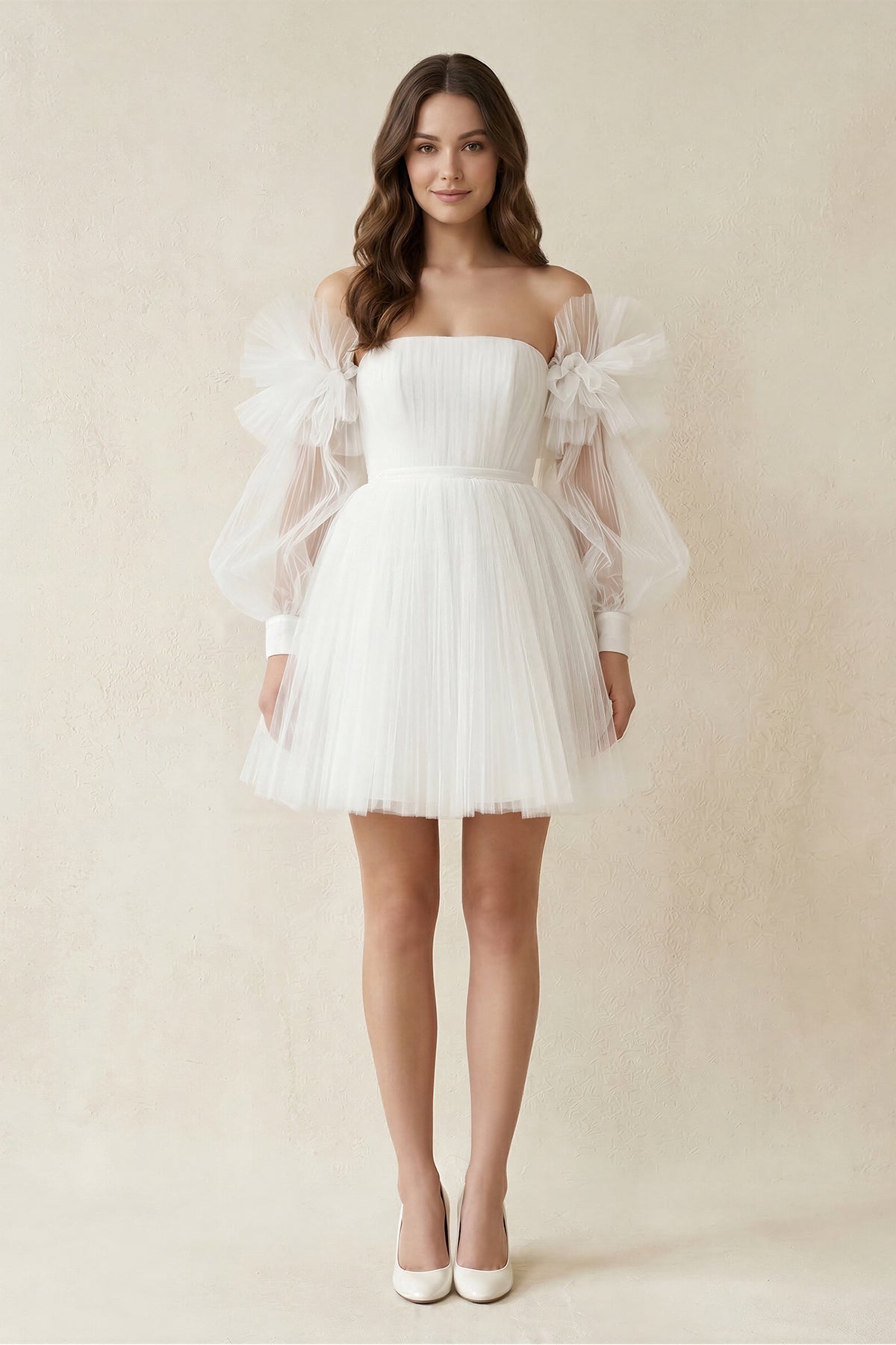 KissProm Tulle A-Line Long Sleeves Mini Wedding Dress in Ivory, Ivory / 2