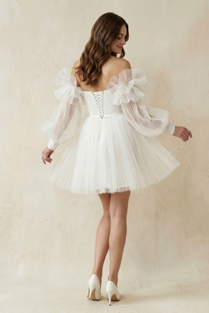 Tulle A - Line Long Sleeves Mini Wedding Dress in Ivory - KissProm Wedding Dresses