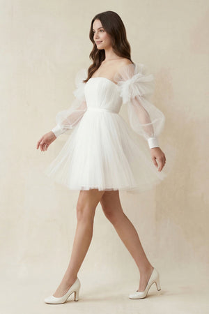 Tulle A - Line Long Sleeves Mini Wedding Dress in Ivory - KissProm Wedding Dresses