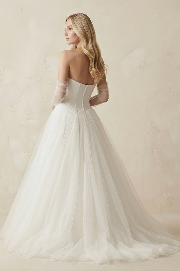 Tulle A - Line Strapless Wedding Dress With Sleeves in Ivory - KissProm Wedding Dresses