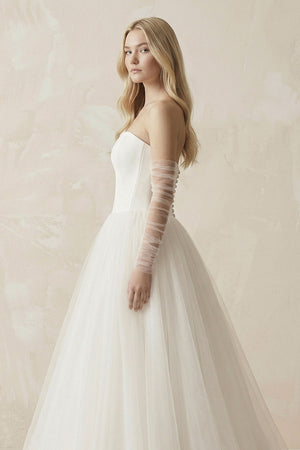 Tulle A - Line Strapless Wedding Dress With Sleeves in Ivory - KissProm Wedding Dresses