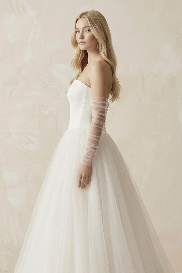 Tulle A - Line Strapless Wedding Dress With Sleeves in Ivory - KissProm Wedding Dresses