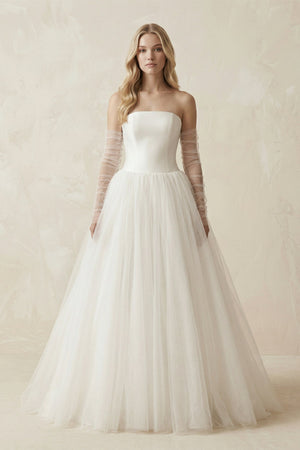 Tulle A - Line Strapless Wedding Dress With Sleeves in Ivory - KissProm Wedding Dresses