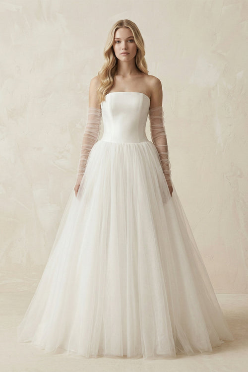 Tulle A - Line Strapless Wedding Dress With Sleeves in Ivory - KissProm Wedding Dresses