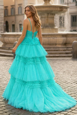 A-Line Spaghetti Straps Long Tiered Tulle Prom Dress With Split - KISSPROM PROM DRESSES