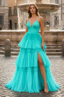 A-Line Spaghetti Straps Long Tiered Tulle Prom Dress With Split - KISSPROM PROM DRESSES
