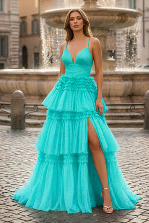 A-Line Spaghetti Straps Long Tiered Tulle Prom Dress With Split - KISSPROM PROM DRESSES