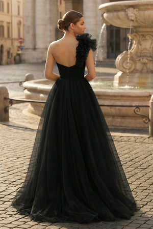 A-Line One Shoulder Long Tulle Prom Dress with Ruffles - KISSPROM PROM DRESSES