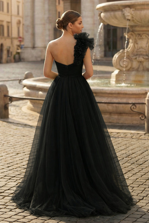 A-Line One Shoulder Long Tulle Prom Dress with Ruffles - KISSPROM PROM DRESSES
