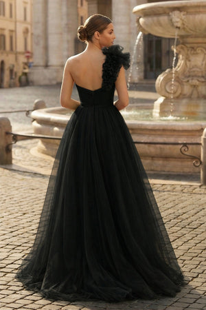 A-Line One Shoulder Long Tulle Prom Dress with Ruffles - KISSPROM PROM DRESSES