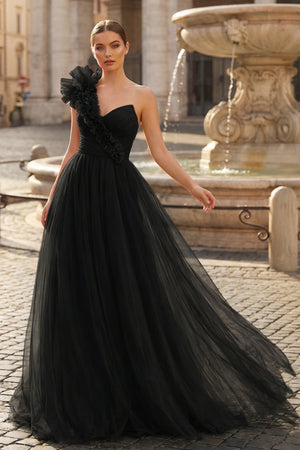 A-Line One Shoulder Long Tulle Prom Dress with Ruffles - KISSPROM PROM DRESSES