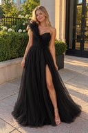 Black A-Line One Shoulder Long Tulle Prom Dress with Ruffles - KISSPROM PROM DRESSES