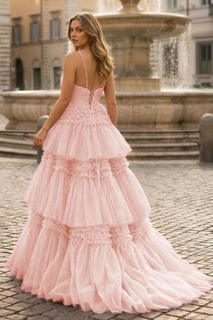 A-Line Spaghetti Straps Long Tiered Tulle Prom Dress With Split - KISSPROM PROM DRESSES