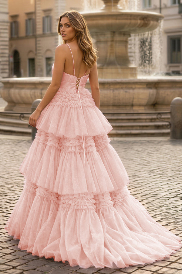 A-Line Spaghetti Straps Long Tiered Tulle Prom Dress With Split - KISSPROM PROM DRESSES