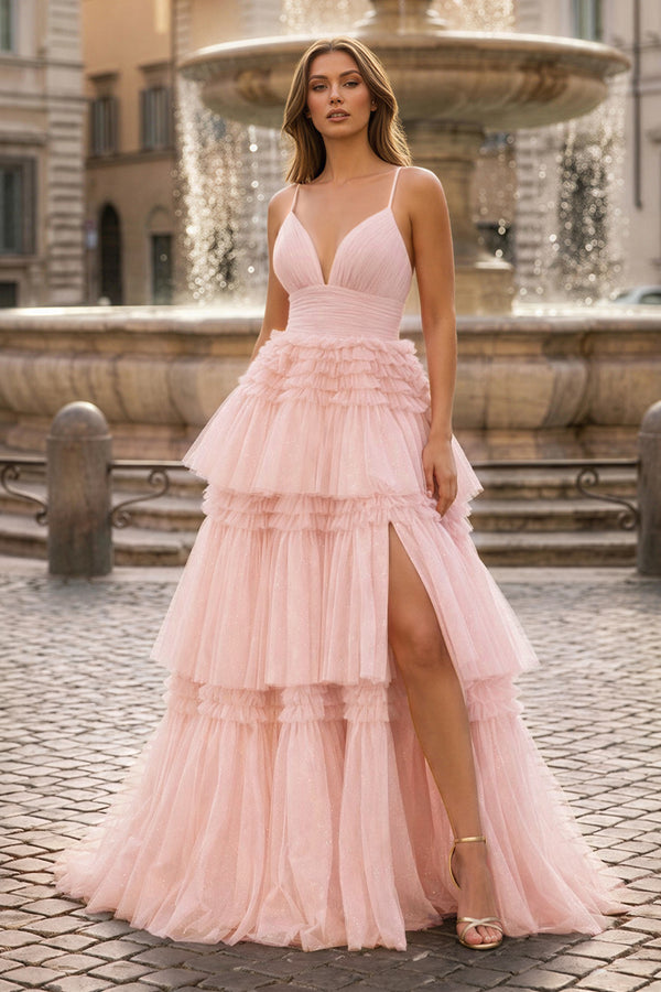 KissProm A-Line Spaghetti Straps Long Tiered Tulle Prom Dress With Split, Champagne / 14