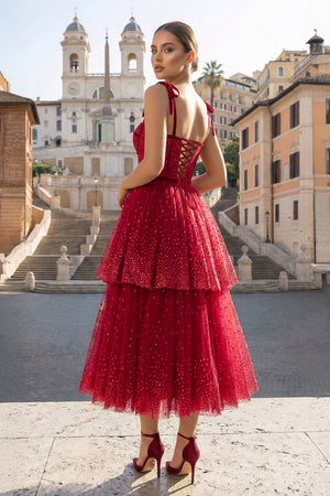 KissProm-Tulle Red Glitter Homecoming Dress