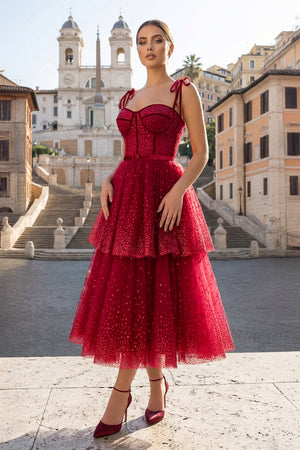 KissProm-Tulle Red Glitter Homecoming Dress