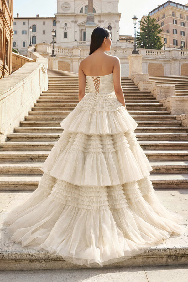 A-Line Strapless Tulle Long Prom Dress with Tiered Ruffles - KISSPROM PROM DRESSES