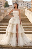 A-Line Strapless Tulle Long Prom Dress with Tiered Ruffles - KISSPROM PROM DRESSES