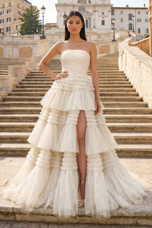 A-Line Strapless Tulle Long Prom Dress with Tiered Ruffles - KISSPROM PROM DRESSES