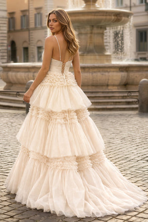 A-Line Spaghetti Straps Long Tiered Tulle Prom Dress With Split - KISSPROM PROM DRESSES