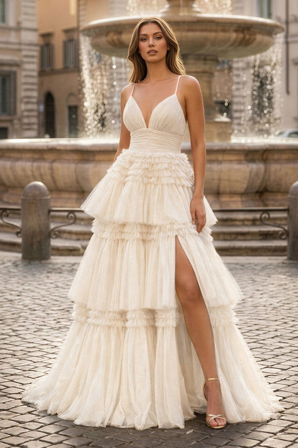 KissProm A-Line Spaghetti Straps Long Tiered Tulle Prom Dress With Split, Champagne / 14