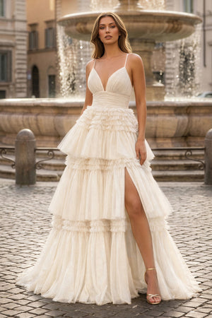 A-Line Spaghetti Straps Long Tiered Tulle Prom Dress With Split - KISSPROM PROM DRESSES
