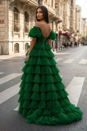 A-line Off-the-Shoulder Tulle Prom Dress with Slit - KISSPROM PROM DRESSES