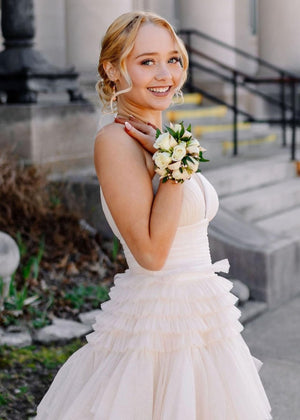 Amanda| A-Line Spaghetti Straps Long Tiered Tulle Prom Dress With Split