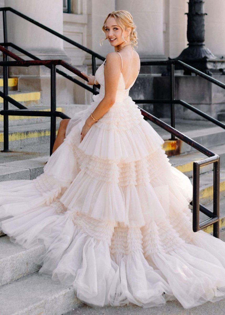 Amanda| A-Line Spaghetti Straps Long Tiered Tulle Prom Dress With Split